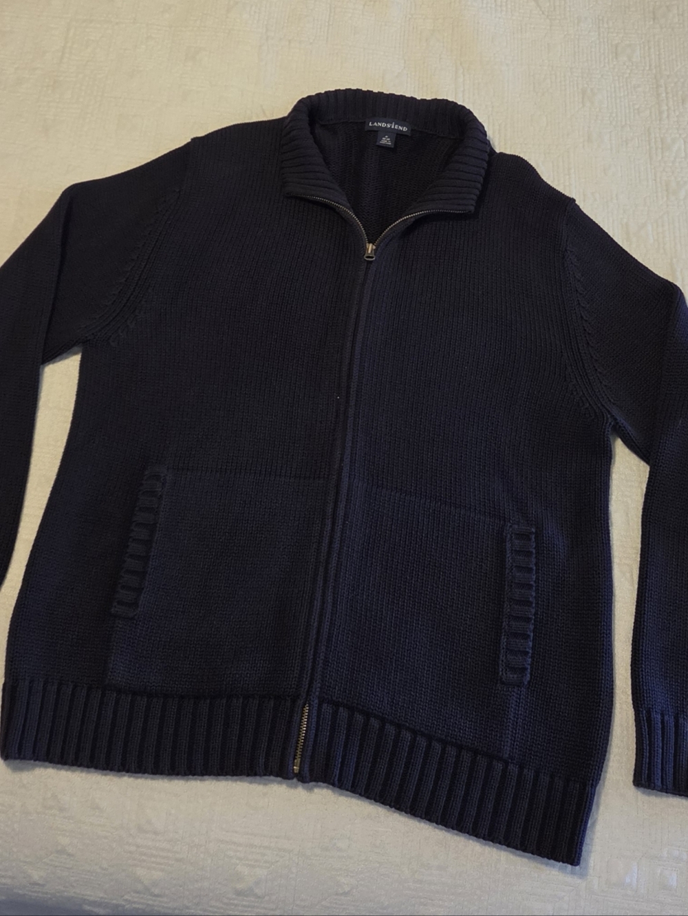 Lands' End Men's Full-Zip Navy Cotton Knit Sweater, Size Medium